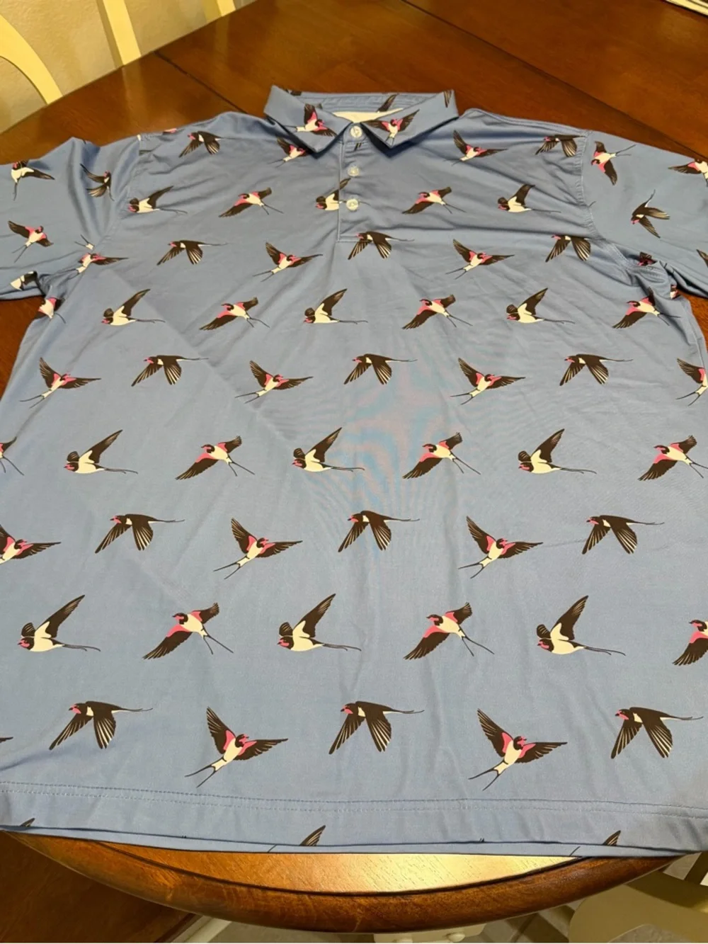 Waggle Polo Shirt Mens 2XL AOP Blue Novelty Birds Print Golf Stretch Outdoors - Picture 2 of 8